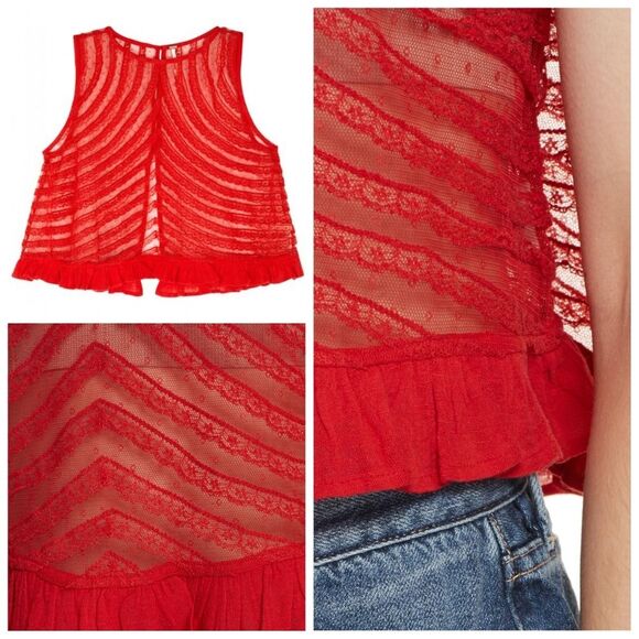 Free People|She's a Doll Red Lace Sleeveless Peplum Top, XS - Picture 3 of 10